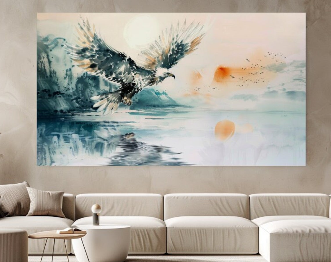 Soaring Eagle Sunrise Lake Watercolor Wildlife Painting Poster