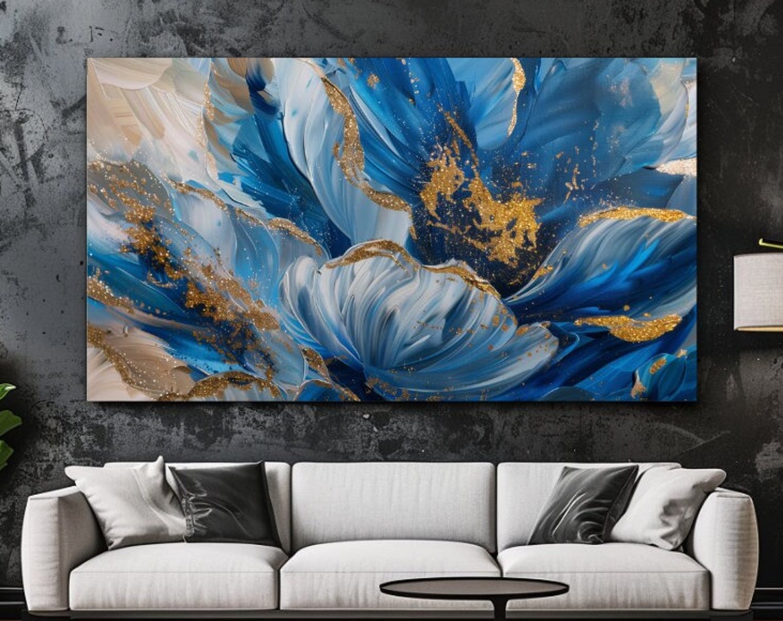 Blue White Gold Sweeping Abstract Flower Petals Luxury Wall Art