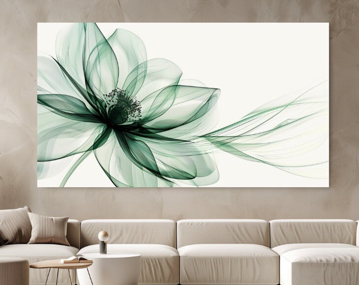 Translucent Green Flower Abstract Botanical On White Wall Art