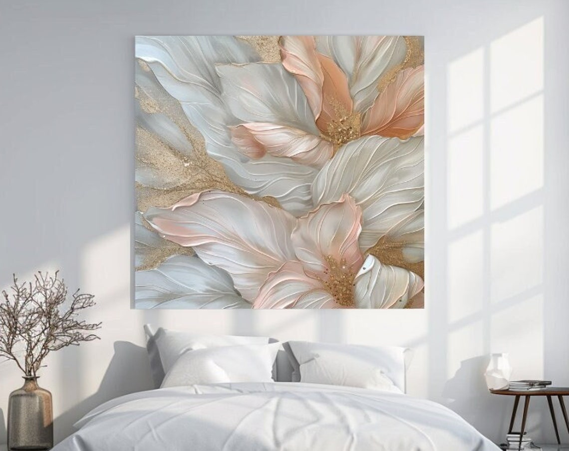 Soft Peach Pink White Dreamy Petals With Gold Abstract Wall Art