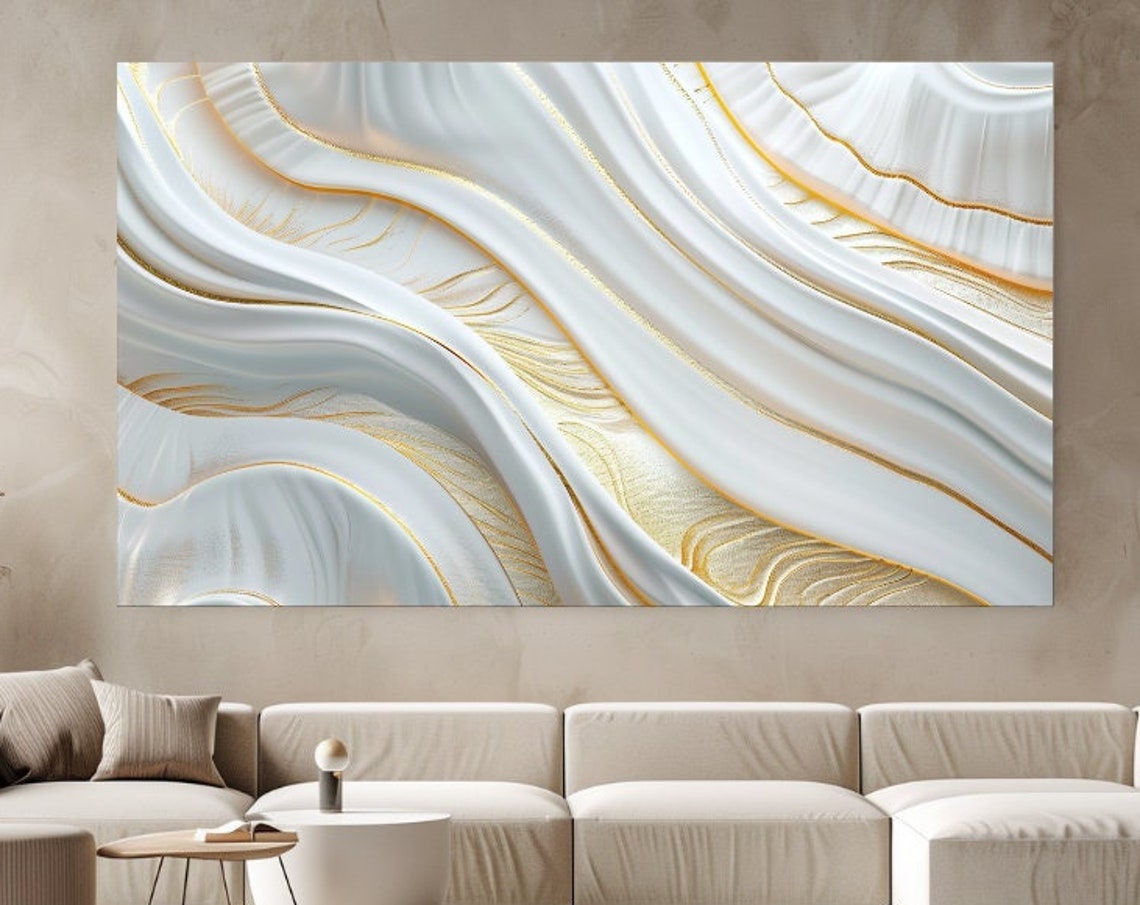 White Gold Swirling Marble Waves Elegant Abstract Luxury Wall Art