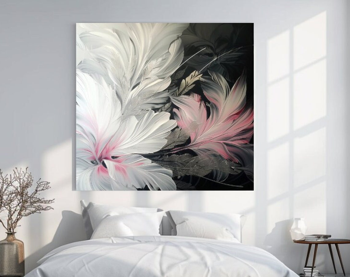 Bold Black Pink White Feather Leaves Dramatic Abstract Wall Art