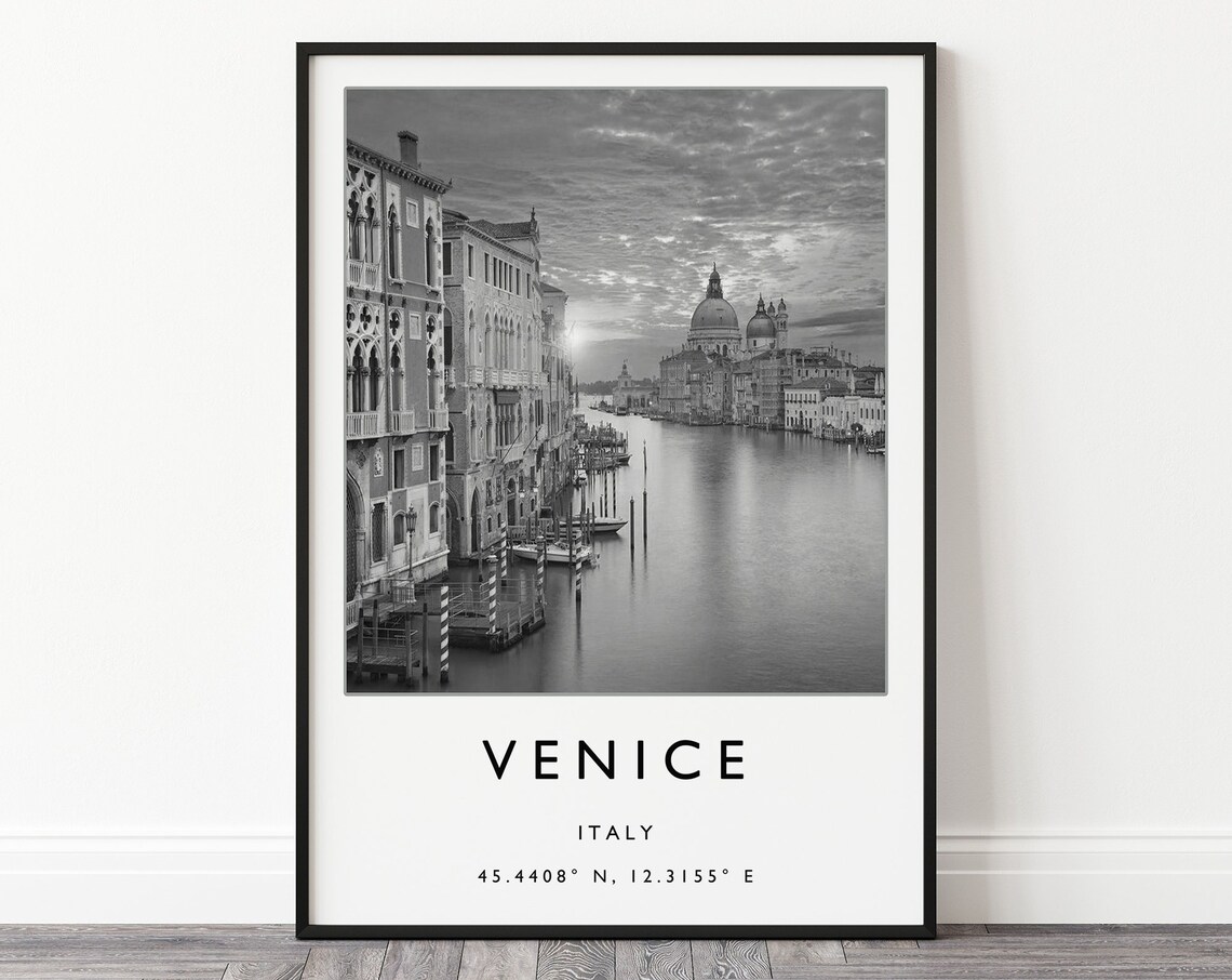 Venice Travel Poster, Black and White Italy Art