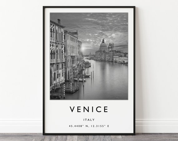 Venice Travel Poster, Black and White Italy Art