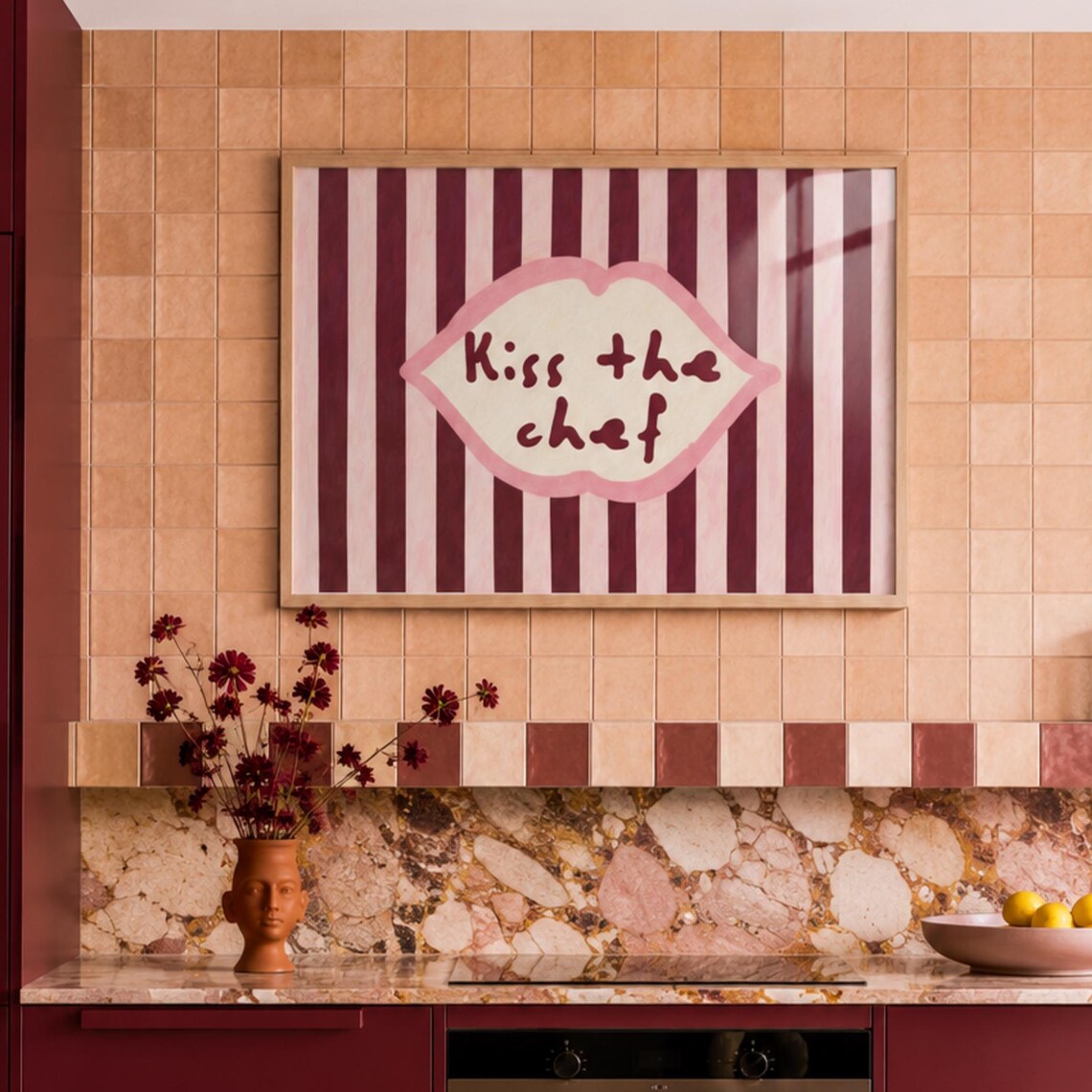 Kiss The Chef Quote Poster, Retro Kitchen Typography