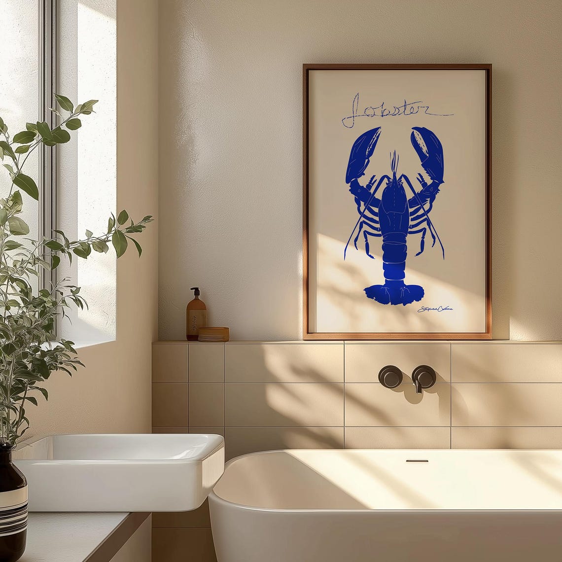Blue Lobster Line Art Coastal Kitchen Nautical Bar Cart Poster
