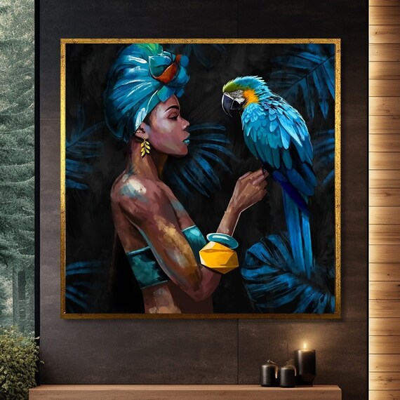 African Woman With Parrot, Vibrant Ethnic Art