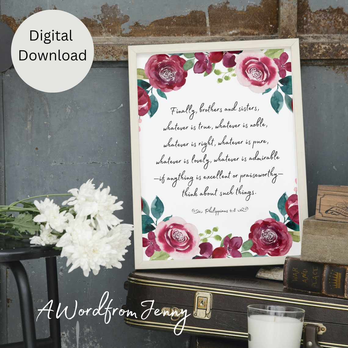 Philippians 48 Whatever Is True Scripture Bible Verse Floral Wall Decor Art Jesus Christian Quote Saying Gift For Her - Image 3