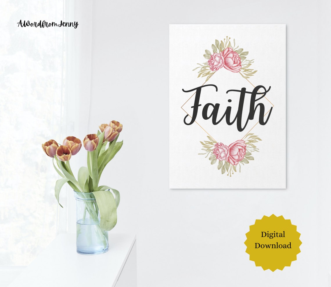 Faith Hope Love Set of 3 Floral Peony Scripture Words Wall Art - Image 2