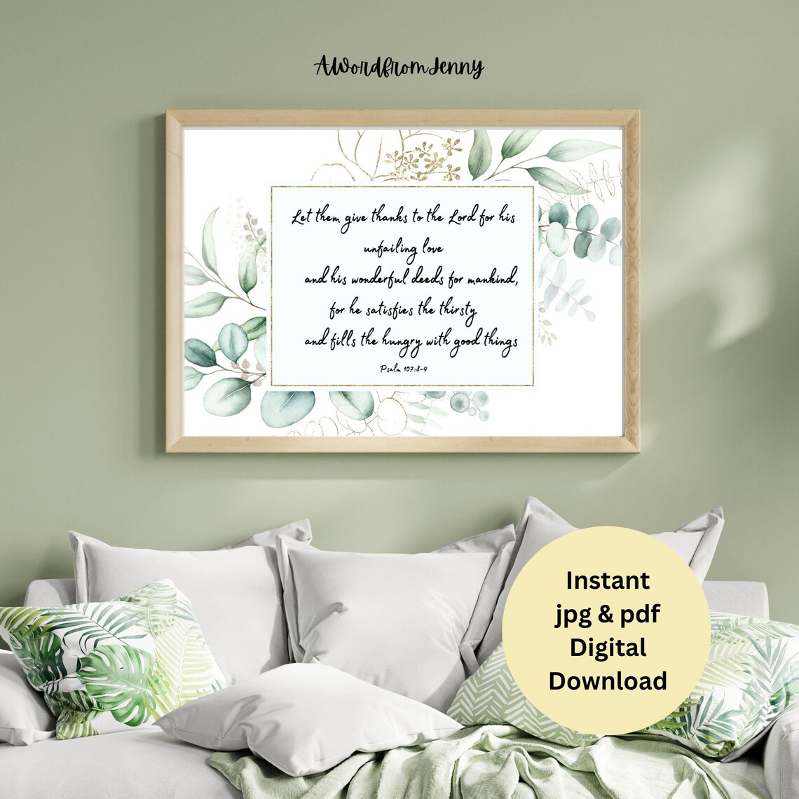 Psalm 107 Thanks to the Lord Unfailing Love Eucalyptus Botanical Poster - Image 2