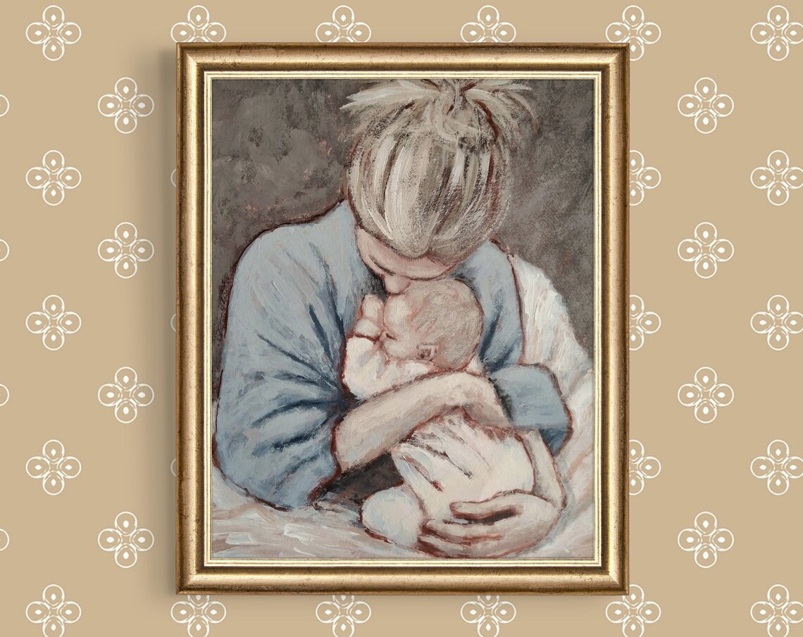 Mother Kissing Newborn Baby Tender Watercolor Nursery Wall Poster - Image 2