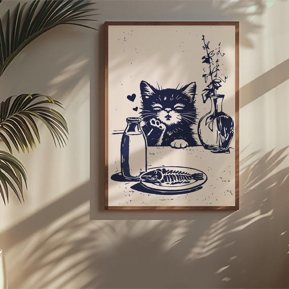 Cute Cat Kitchen Poster Minimalist Wall Art Funny Dinner Print Lover Gift Scandinavian Style Animal Decor