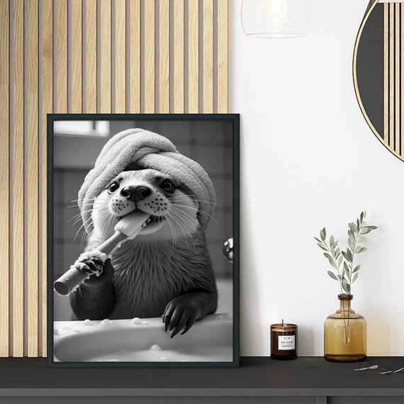 Funny Bathroom Otter Wall Art Black And White Poster Animal Print Toilet For Quirky Playful Decor
