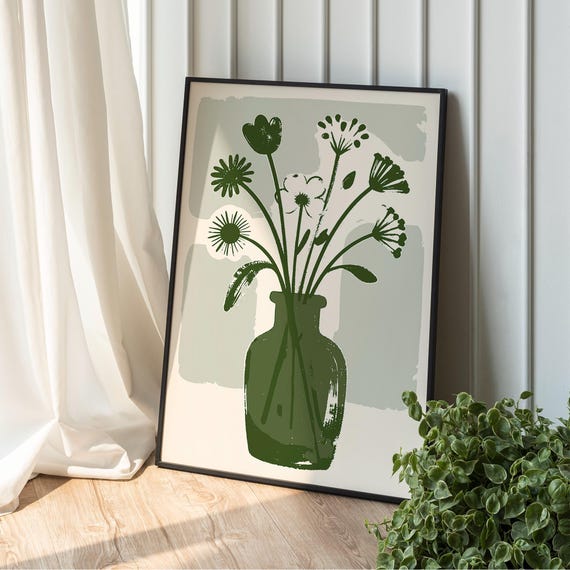 Minimalist Botanical Vase Poster Green Floral Wall Art Scandinavian Plant Print Modern Nature Decor Minimal Flower Illustration