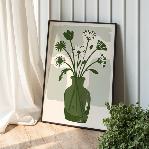 Minimalist Green Botanical Vase Wildflowers Scandinavian Print