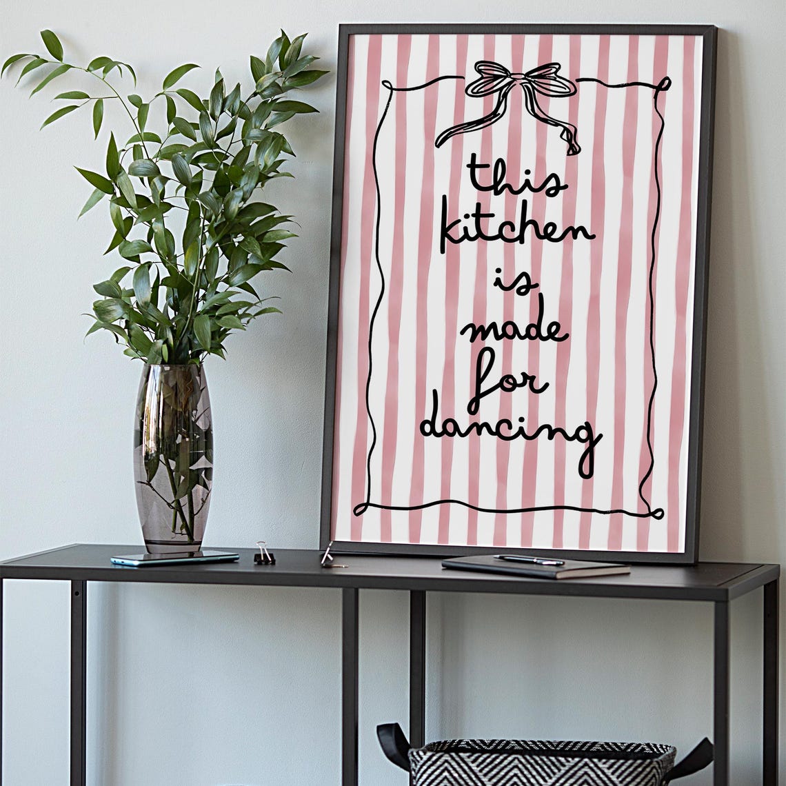 This Kitchen Is For Dancing Pink Striped Bow Kitchen Quote Poster