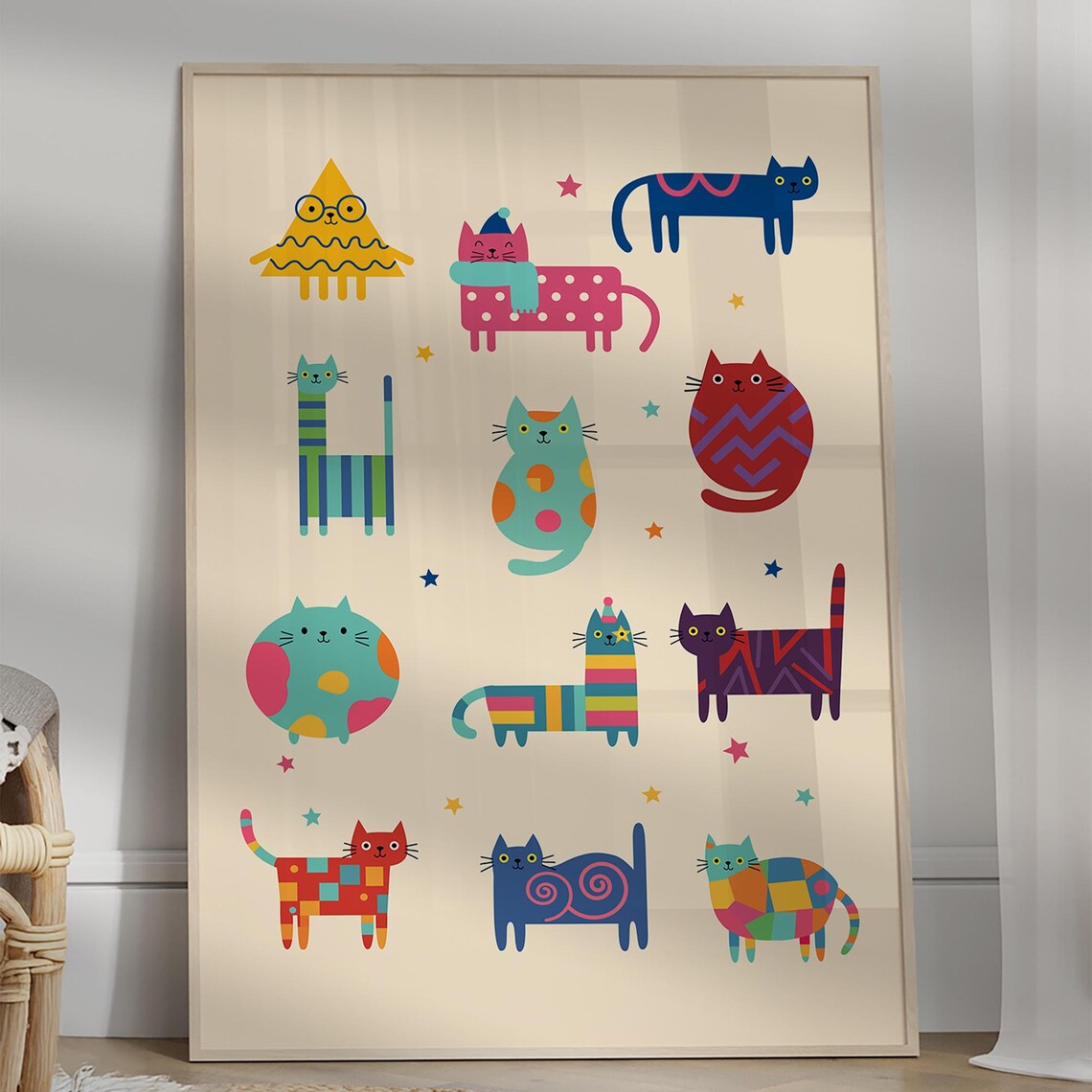 Colorful Abstract Cats Poster Playful Modern Kids Room Wall Decor Art