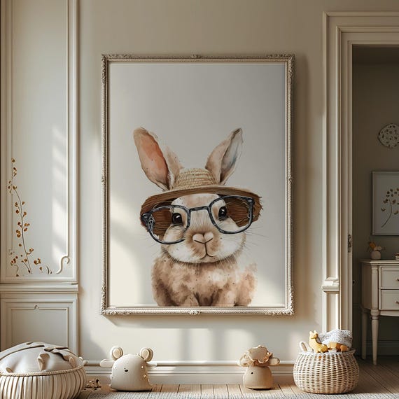 Vintage Easter Gardener Bunny Poster Nursery Oil Paint Effect Retro Print Flower Wall Art Boy Kids Room Decor