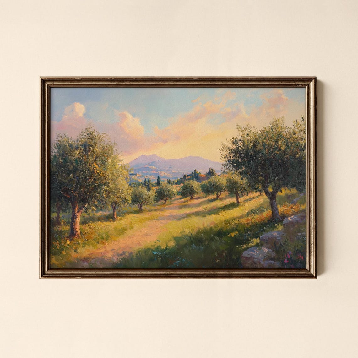 Olive Grove Country Path Sunset Golden Hour Landscape Oil Art Poster