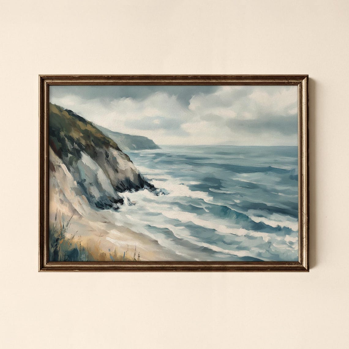 Moody Coastal Cliffs Crashing Waves Stormy Seascape Art Poster