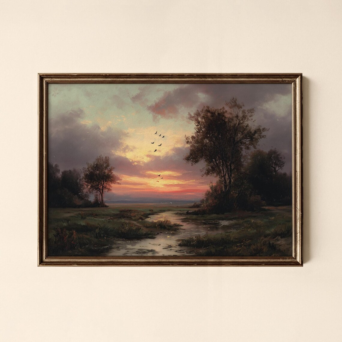 Marsh Sunset With Birds Vintage Oil Painting Landscape Poster
