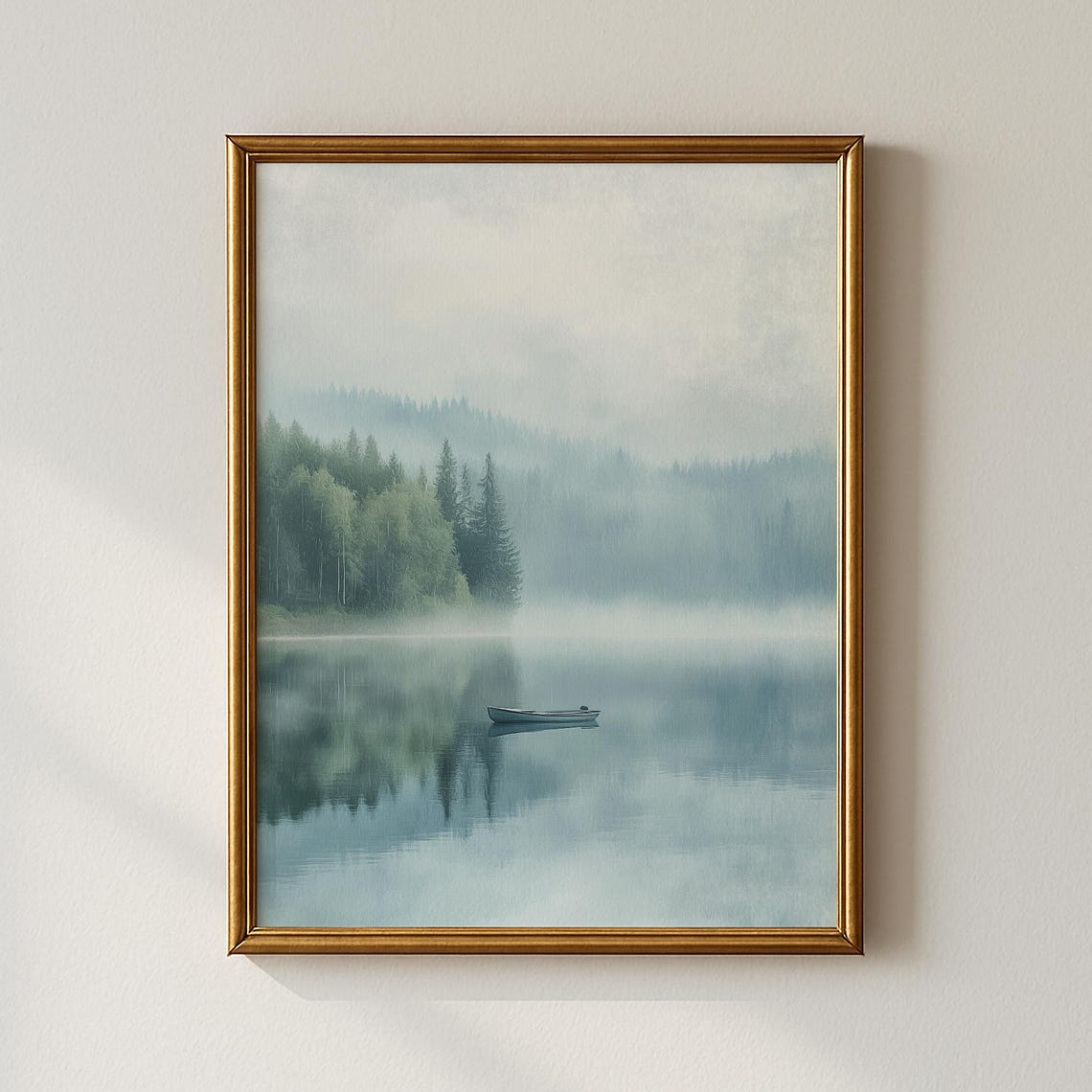 Misty Forest Lake Lone Canoe Serene Landscape Painting Decor Poster