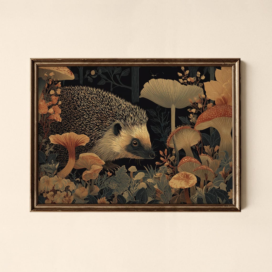 Hedgehog in Mushroom Forest Dark Botanical Wildlife Art Poster
