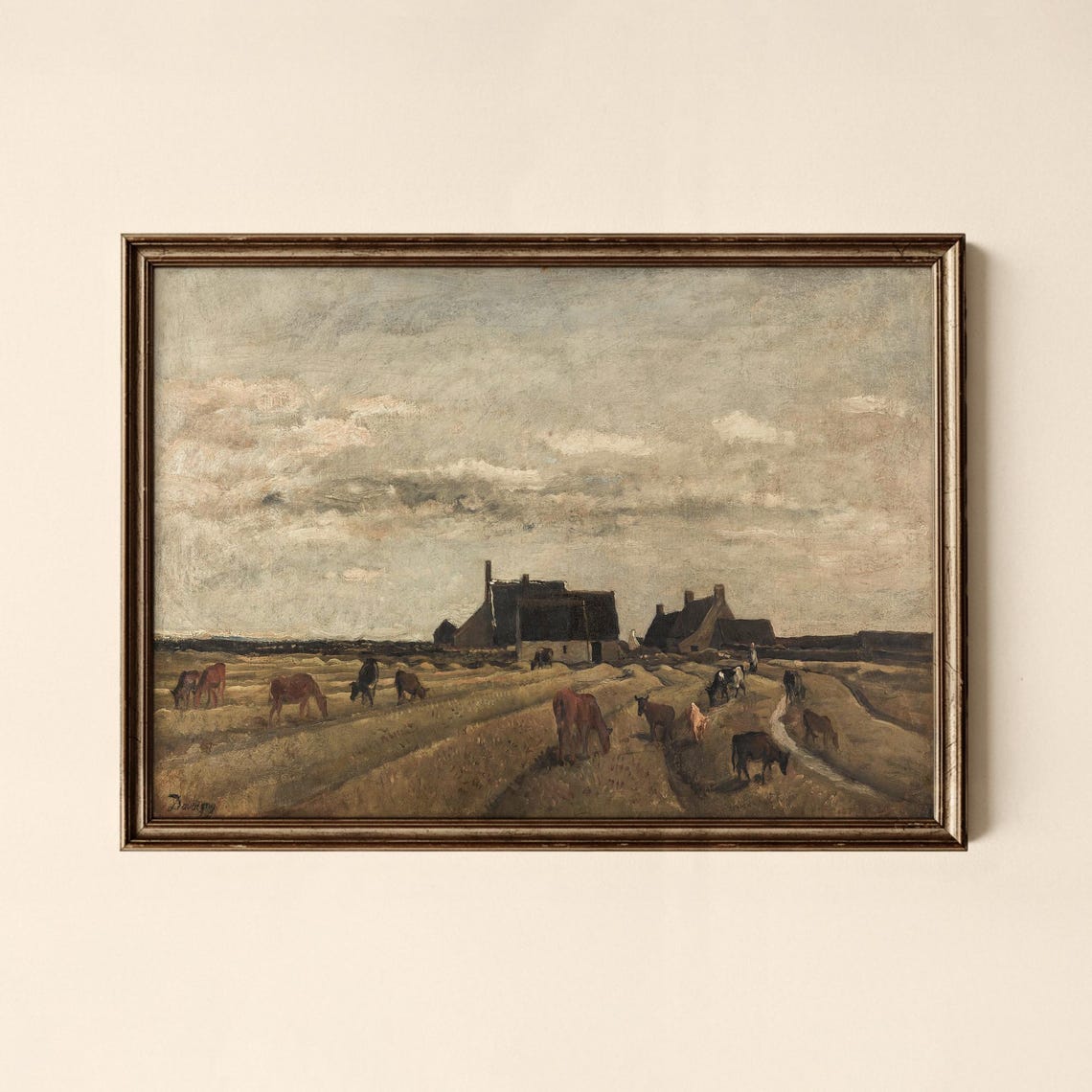 Cows Grazing Farmstead Vintage Rural Countryside Painting Poster