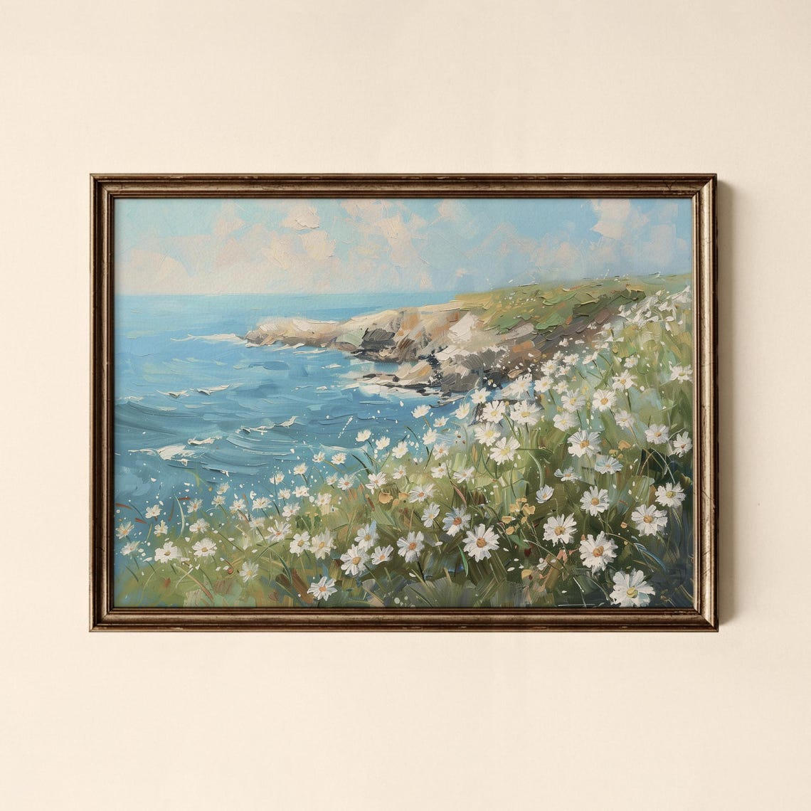 Coastal Wildflowers Daisies Cliff Sea Oil Painting Art Poster
