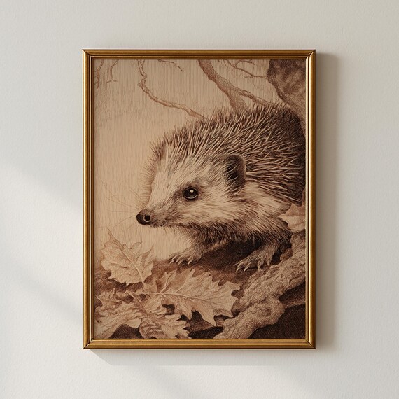 Hedgehog Among Autumn Leaves Sepia Vintage Etching Style Art Print
