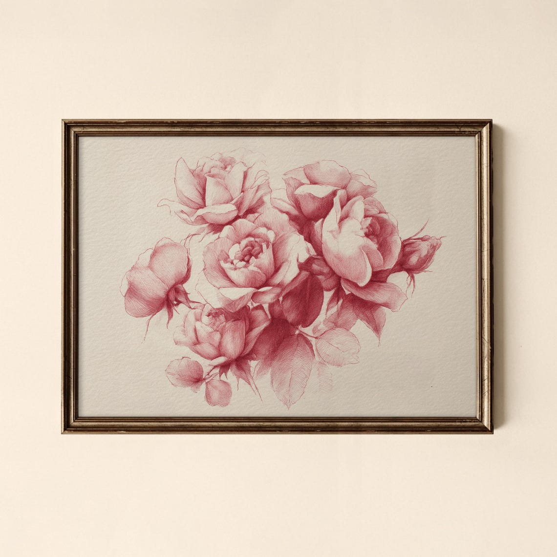 Vintage Crimson Rose Bouquet Print Botanical Ink Sketch Artwork