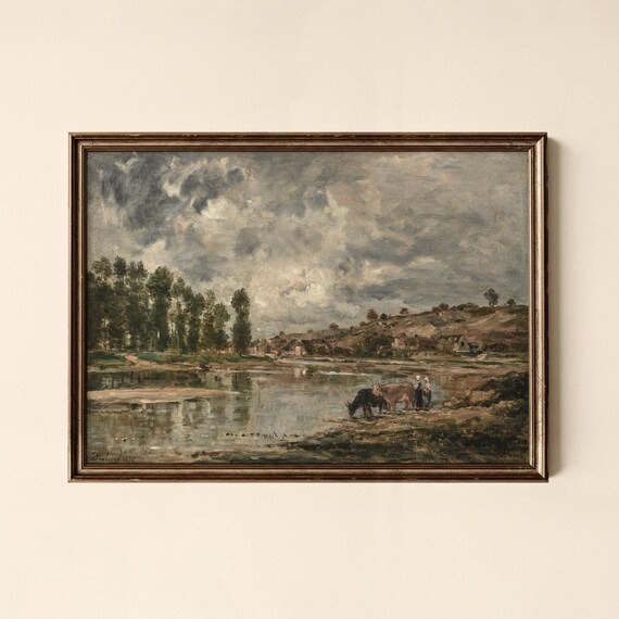 Vintage Lake Landscape Cattle Watering Impressionist Pastoral Scene Poster