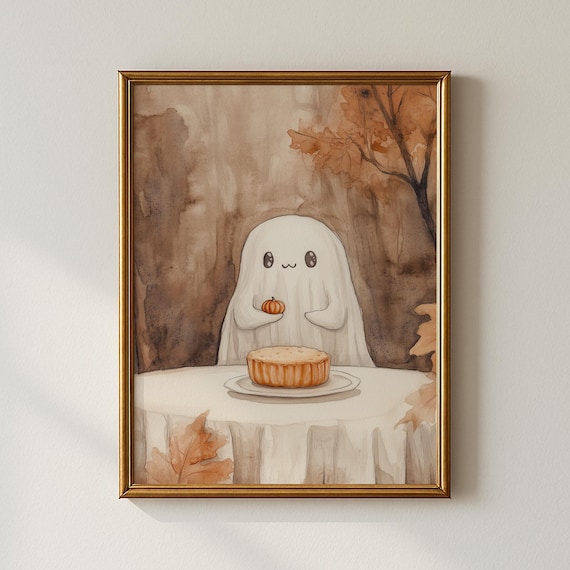 Cute Ghost Pumpkin Pie Autumn Treat Whimsical Halloween Poster