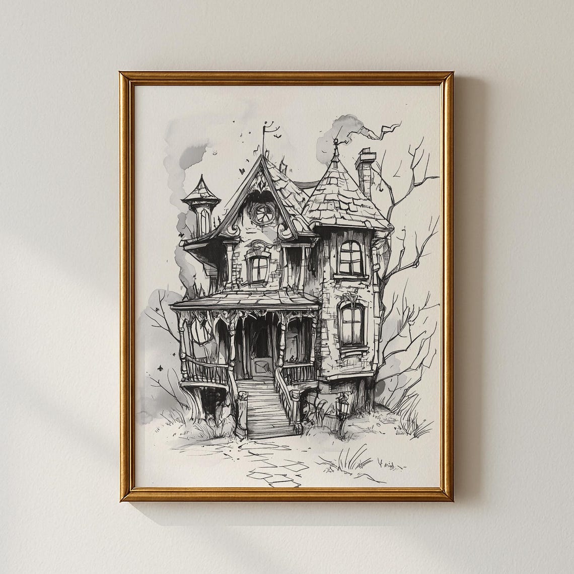 Haunted Victorian House Halloween Night Ink Drawing Spooky Print