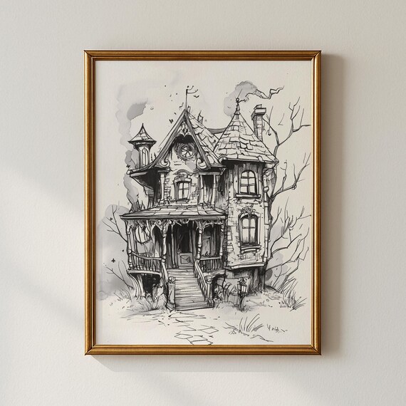 Haunted Victorian House Halloween Night Ink Drawing Spooky Print