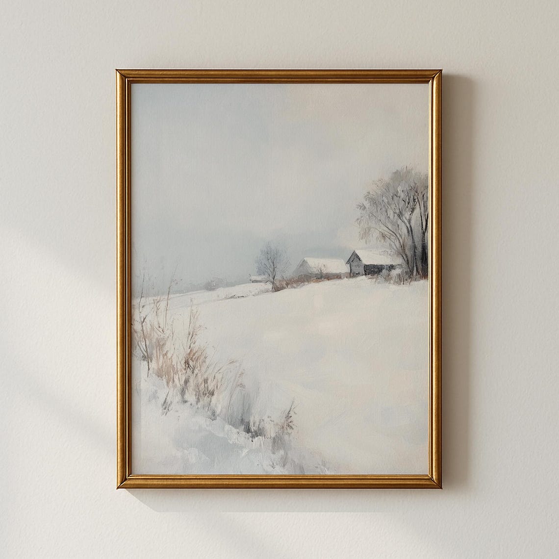 Snowy Winter Landscape Farmhouse Vintage Oil Painting Poster