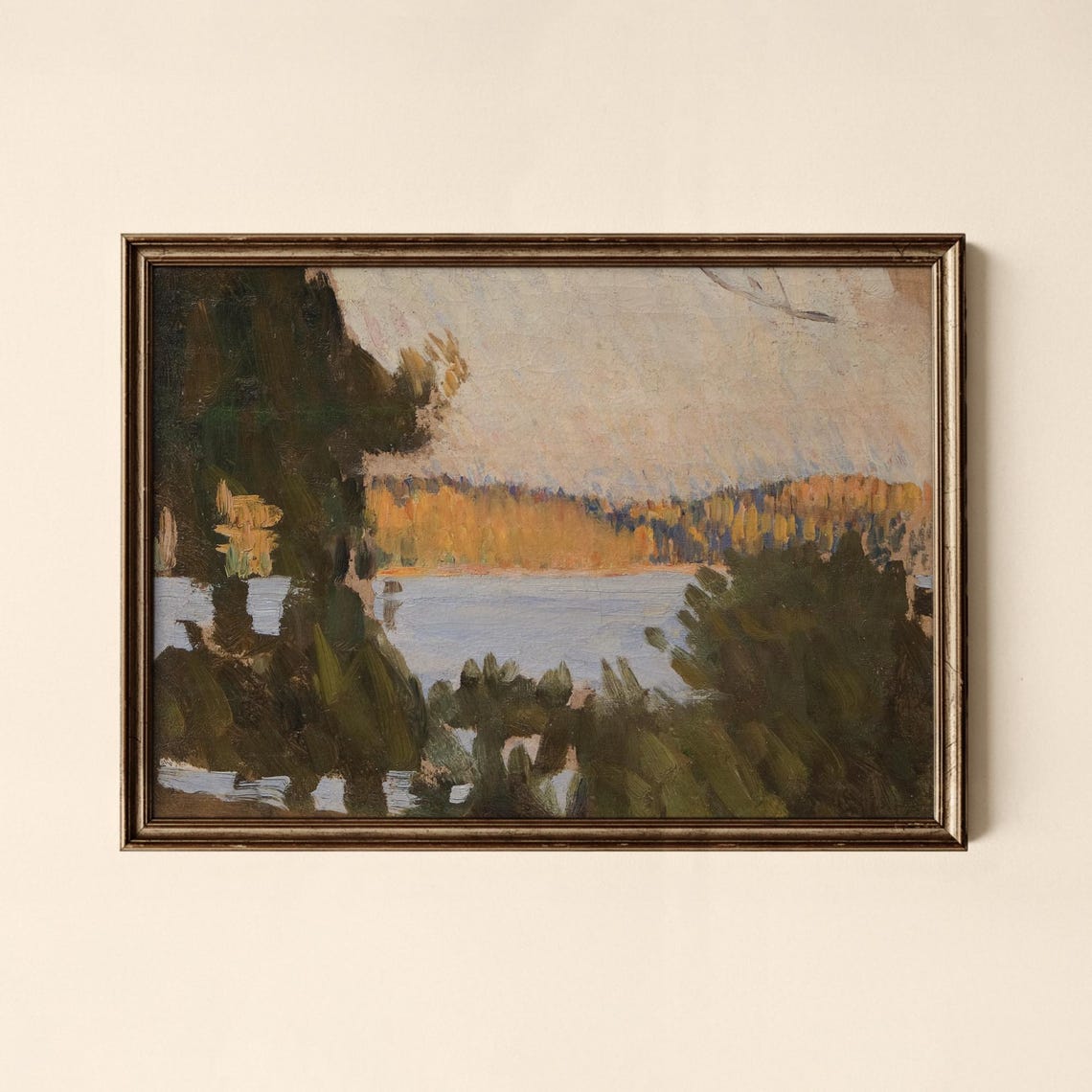 Vintage Autumn Lake with Forest Impressionist Landscape Print