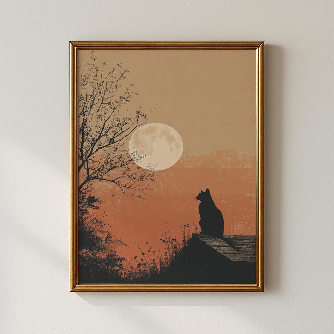Black Cat Silhouette Under Full Moon Rustic Sunset Sky Art Poster