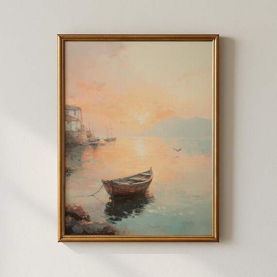 Harbor Sunrise Rowboat Lone Coastal Vintage Painting Art Poster