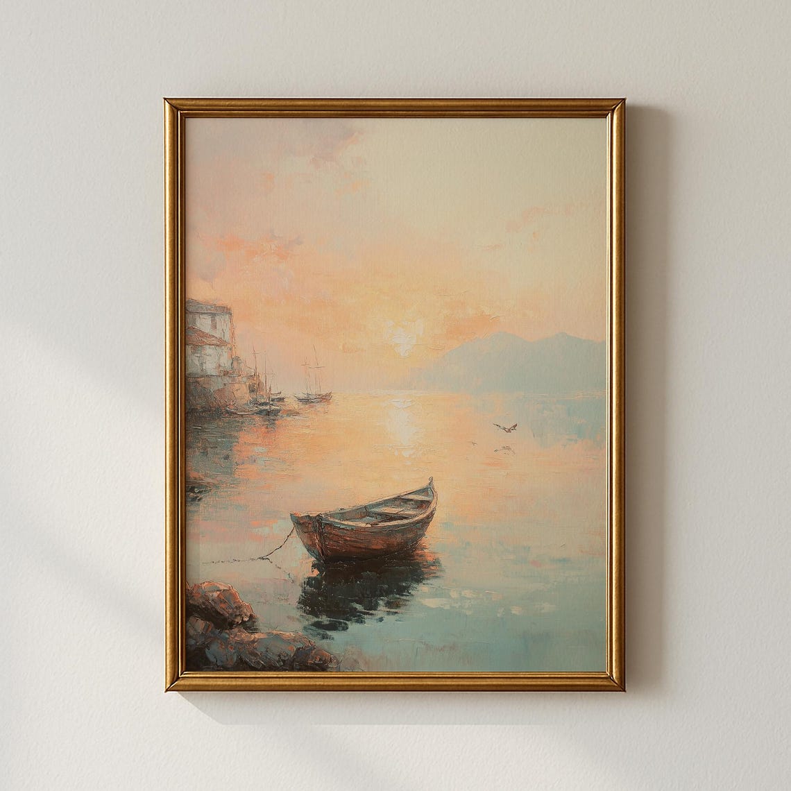 Harbor Sunrise Rowboat Lone Coastal Vintage Painting Art Poster