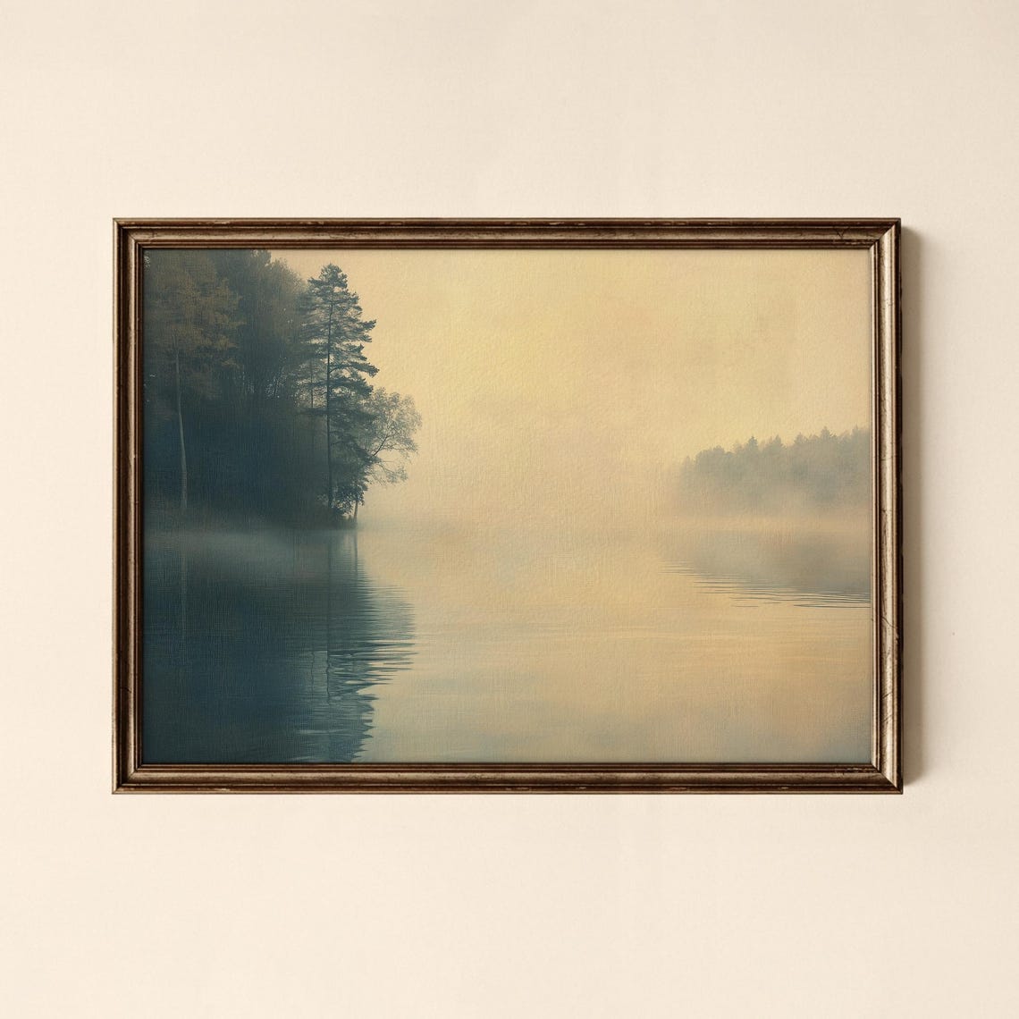 Misty Lake at Dawn Pine Forest Fog Golden Light Landscape Art Poster