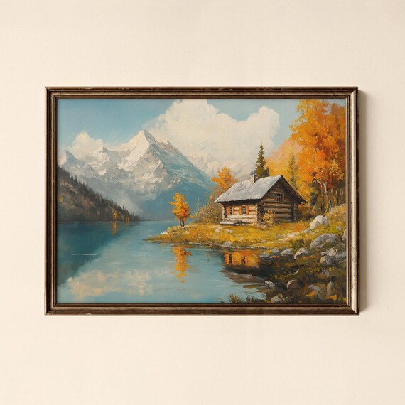 Rustic Log Cabin By Alpine Lake Autumn Gold Peaks Vintage Poster