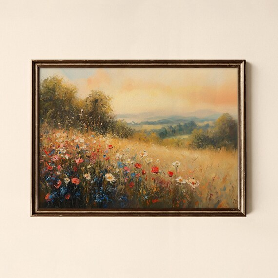 Wildflower Meadow Sunset Wheat Field Impressionist Style Poster