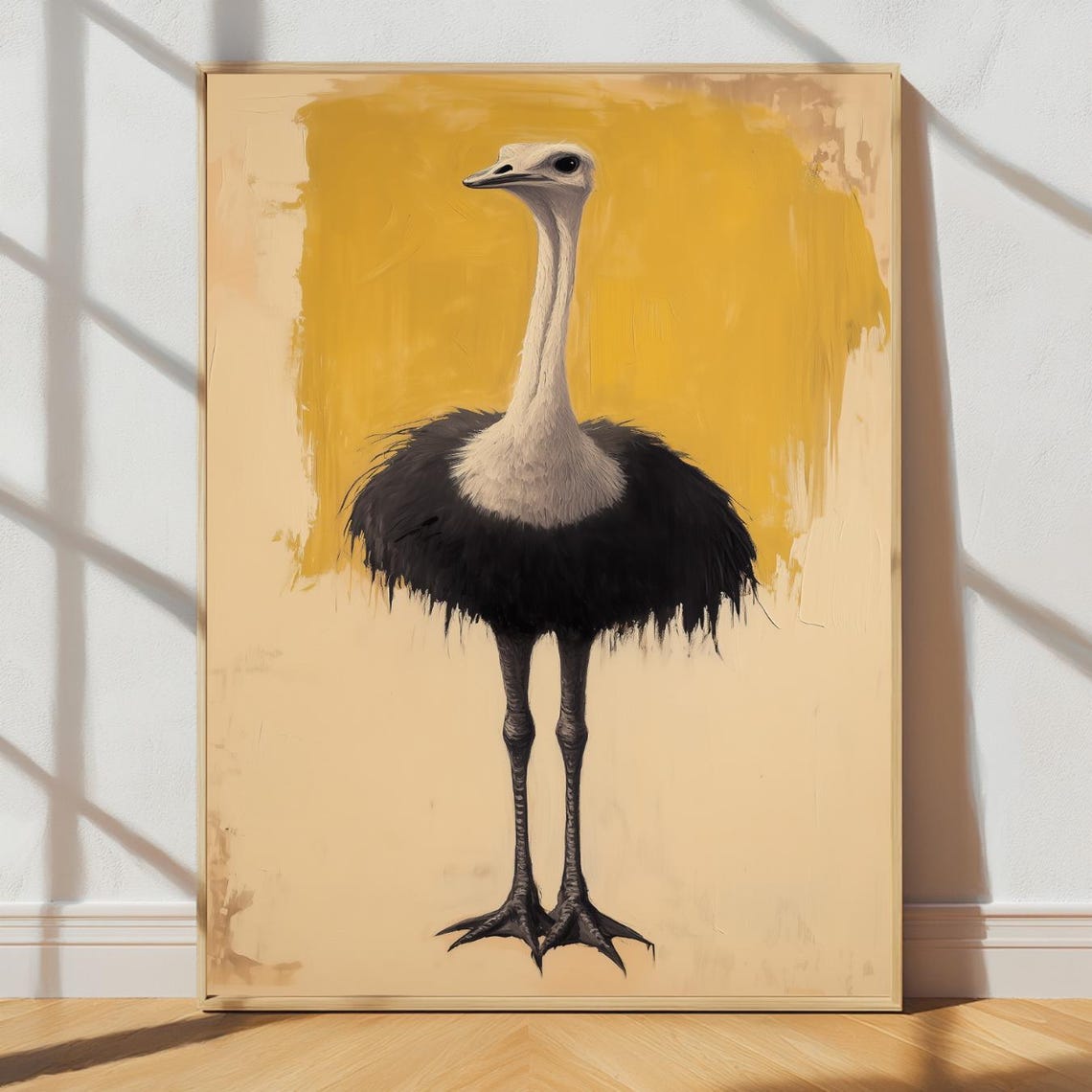 Ostrich Portrait Abstract Yellow Background Modern Bird Wall Art