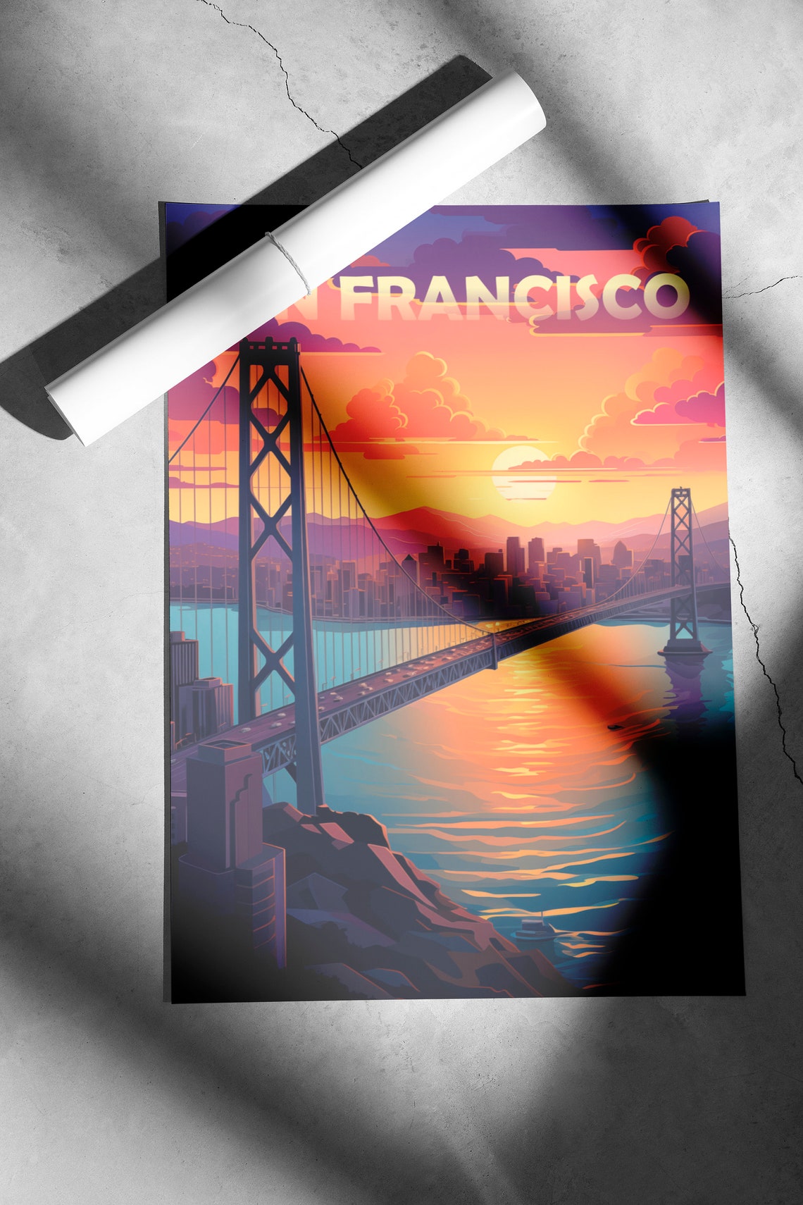 San Francisco Bay Bridge Sunset Skyline Vintage Travel Poster - Image 2