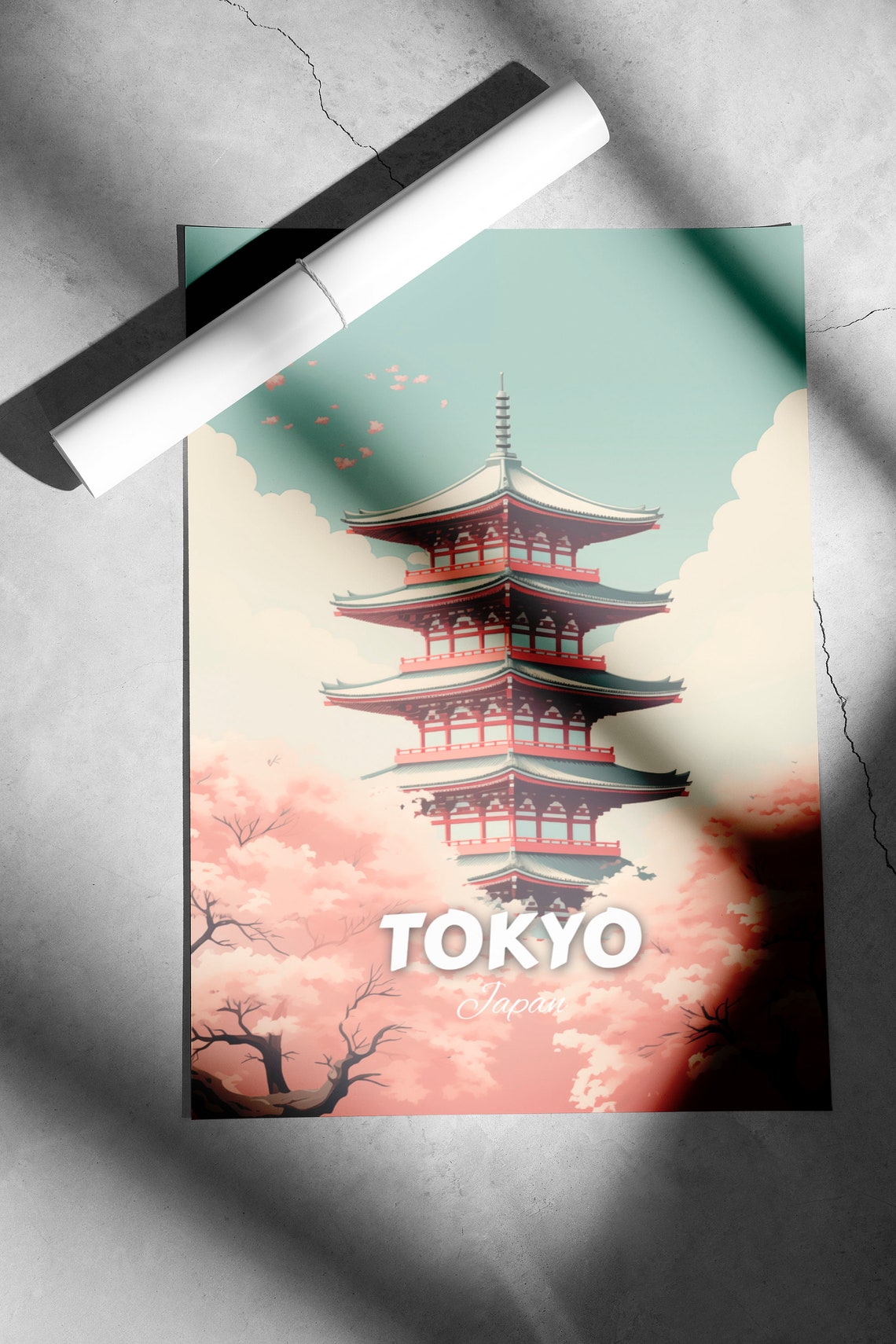 Tokyo Five Story Pagoda Cherry Blossoms Vintage Travel Poster - Image 2