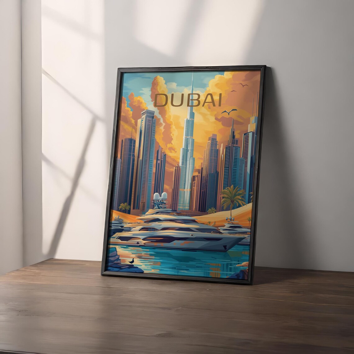 Dubai Burj Khalifa Marina Skyline Golden Vintage Travel Poster - Image 2