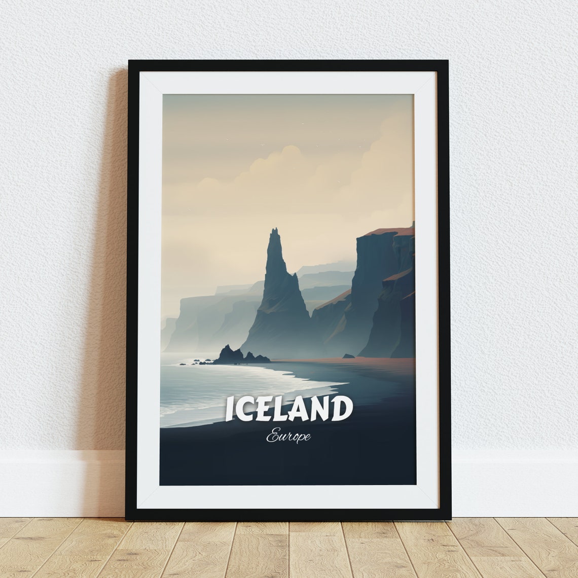 Iceland Sea Stack Misty Twilight Shoreline Vintage Travel Poster