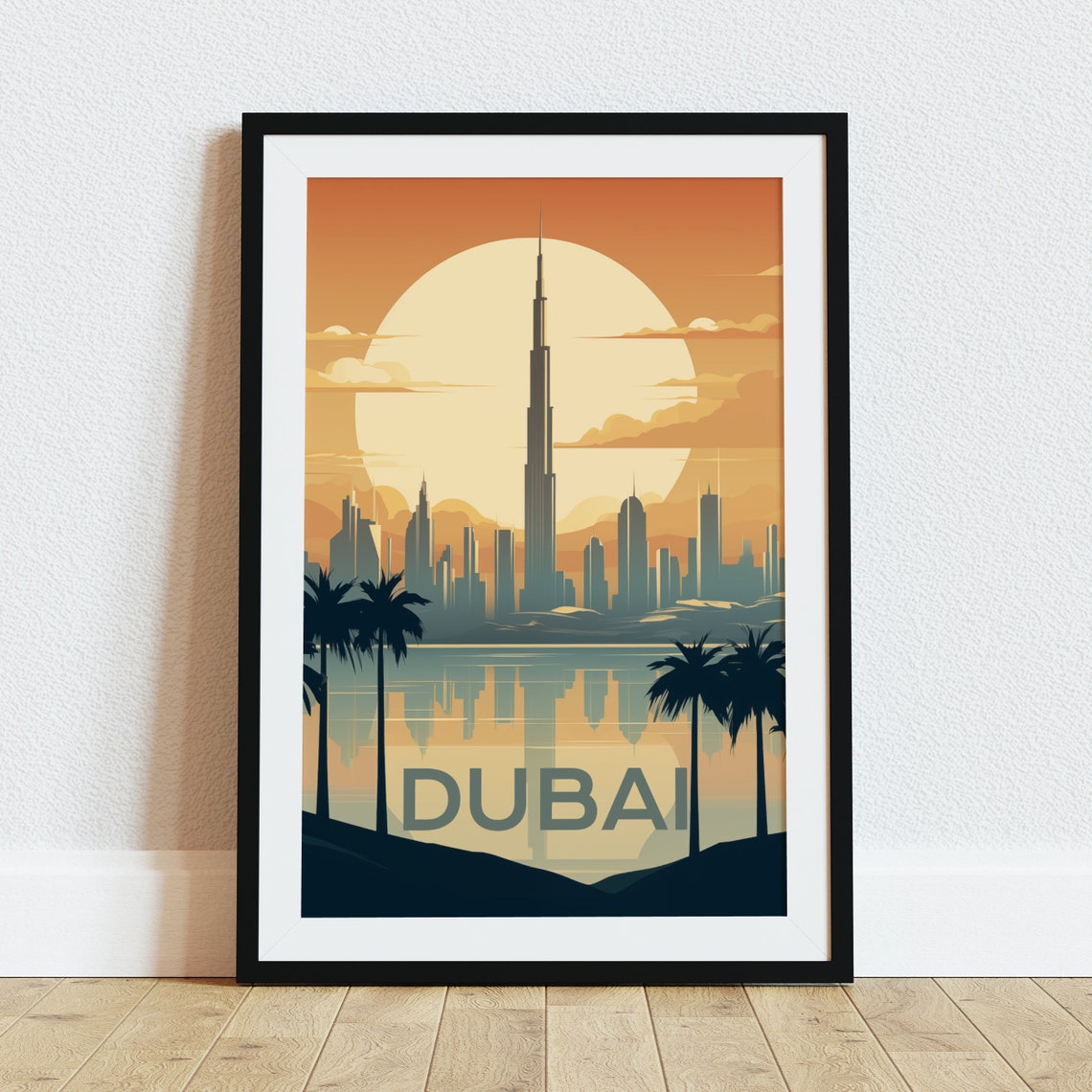 Dubai Burj Khalifa Sunset Skyline Vintage Retro Style Travel Poster