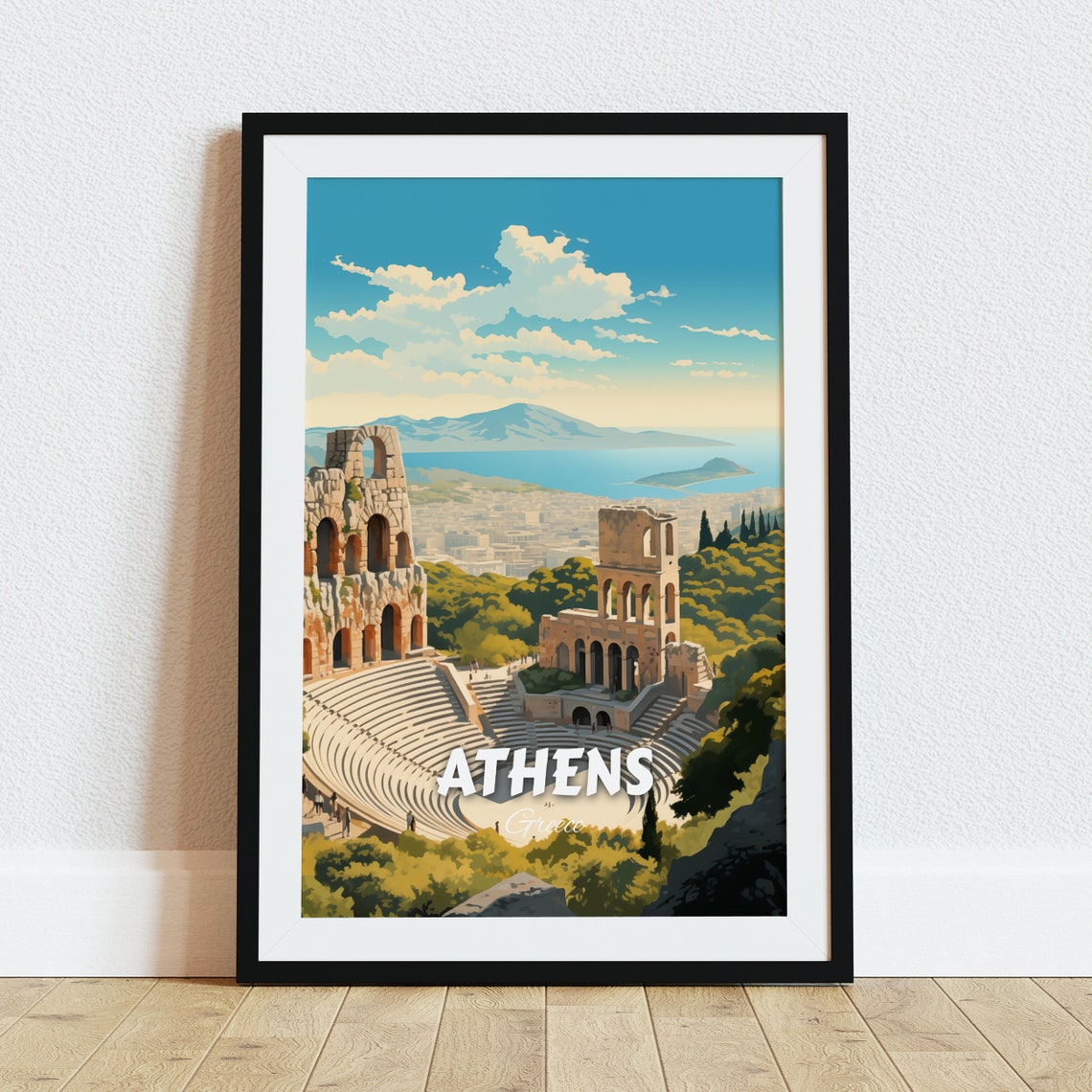 Athens Greece Ancient Theater Acropolis View Vintage Travel Poster